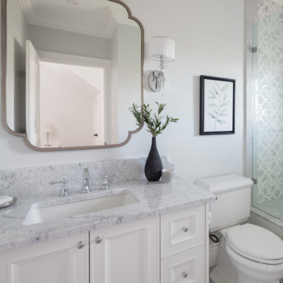 Bathroom vanity with white and grey marble