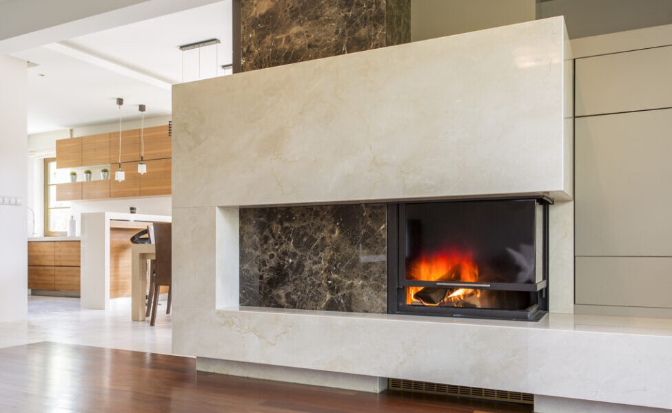 Fireplace built with white marble